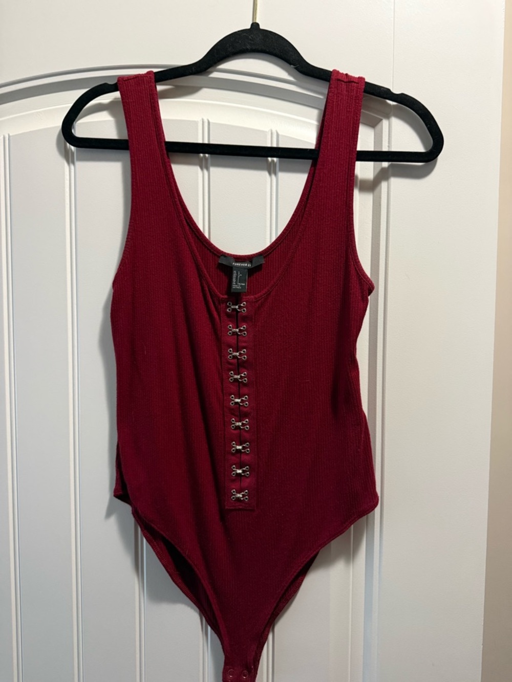Forever 21 Burgundy Lace-Up Ribbed Tank Bodysuit